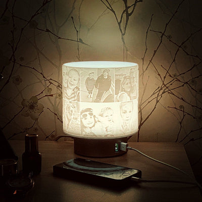 Sculpted Photo Memory Shade Touch Lamp Twin USB chargers, couples gift, gift to share, Bedside, Office or Nursery